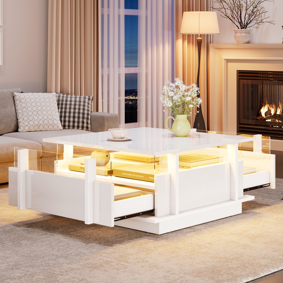 Lemonbest Salontafel wit hoogglans - 70x70x35 cm - 2 lades - LED-verlichting - acryl wand - design salontafel voor kleine ruimtes - ook als bijzettafel of banktafel