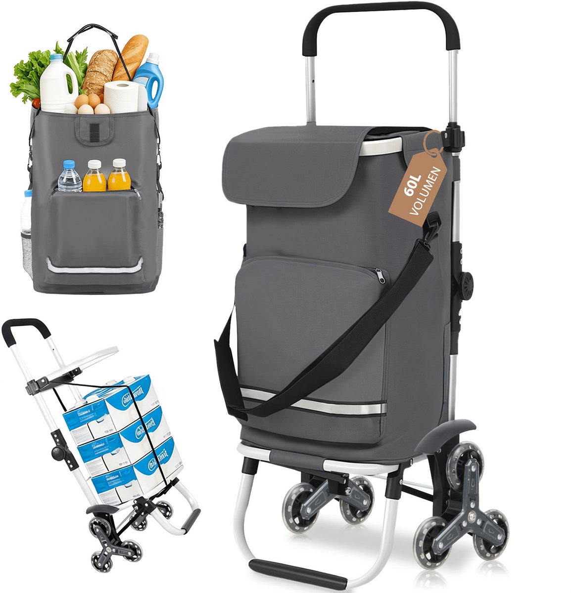 XXL 3-Wielige Trapklimmende Boodschappenkar Grijs  Opvouwbaar & Verstelbaar | 3-in-1 Trolley met Koelvak & Drankenhouder