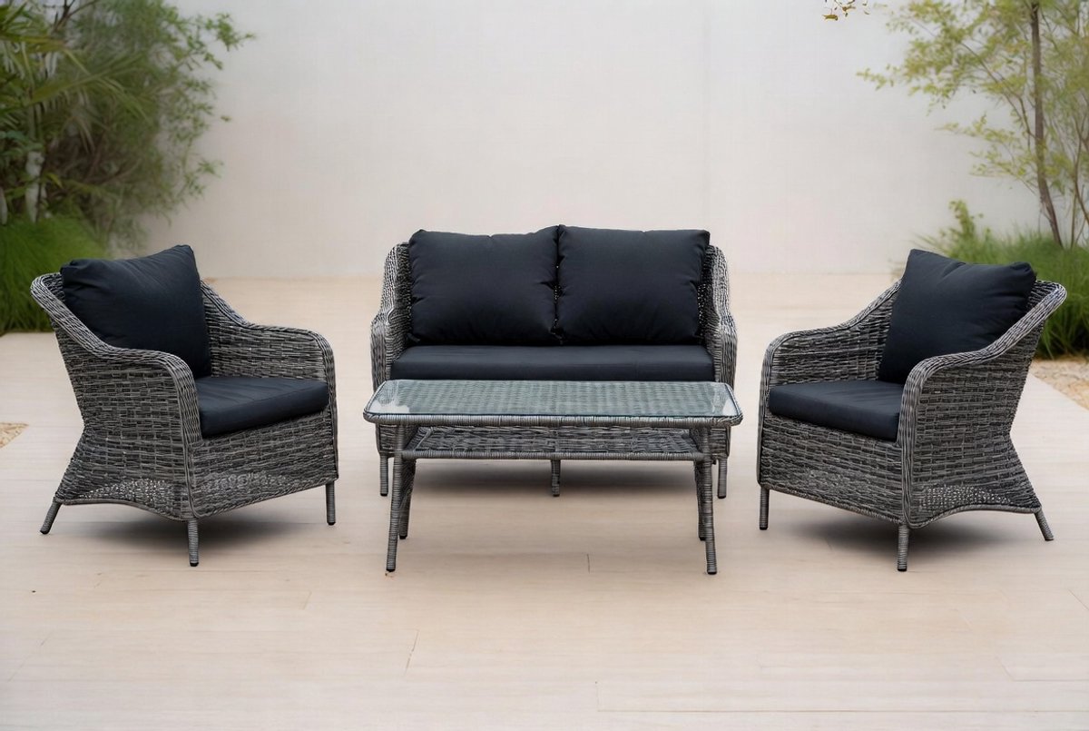 Mobili Bella Luxe 7-delige Polyrotan Loungeset Tuinmeubelset – Weerbestendig Balkon- & Tuinset voor 4 Personen met Tafel, Bank, Stoelen en Kussens – Grijs – UV- en Waterbestendig