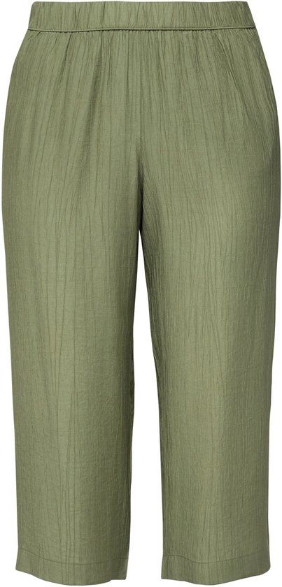 Olijfgroene broek met crinkle stof, elastische tailleband en losse pasvorm.