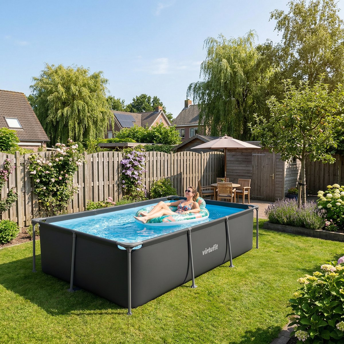 VirtuFit Rechthoekig Zwembad 260 x 180 x 66 cm - Incl. Filterpomp - Opzetzwembad - Duurzaam & Veilig Stalen Frame - Antraciet — afbeelding 8