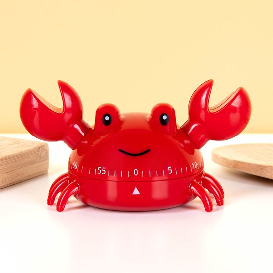 Rode keukentimer in de vorm van een krab met opengesperde scharen en een wijzerplaat waarop de minuten van 0 tot 55 staan aangegeven.
