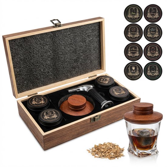 Houten kist met aanmaakbrander, houtsnippers en glazen rokkenaar. 8 aroma's: Oak, Cherry, Pecan, Apple, Walnut, Peach.