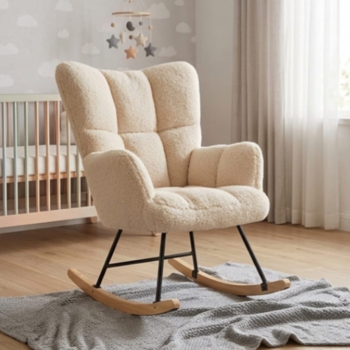 Schommelstoel 90x71x97 cm – luxe teddy bouclé relaxstoel met voetenbank – moderne loungestoel voor woonkamer en slaapkamer – beige – Urbanhome