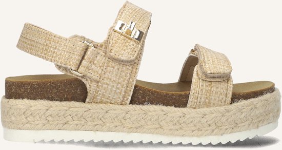 Beige espadrille sandaal met klittenband en gouden gespdetails op de bandjes.