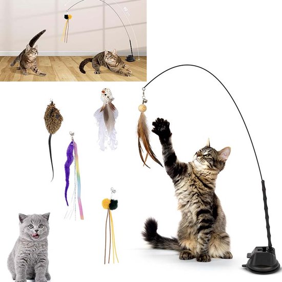 7-delige Kat Hengel Speelgoed - Met Zuignap & Veren - Interactief Vogel-nabootsingsspeelgoed - Kattenspeelgoed Staaf - Voor Jachtinstinct & Spel
