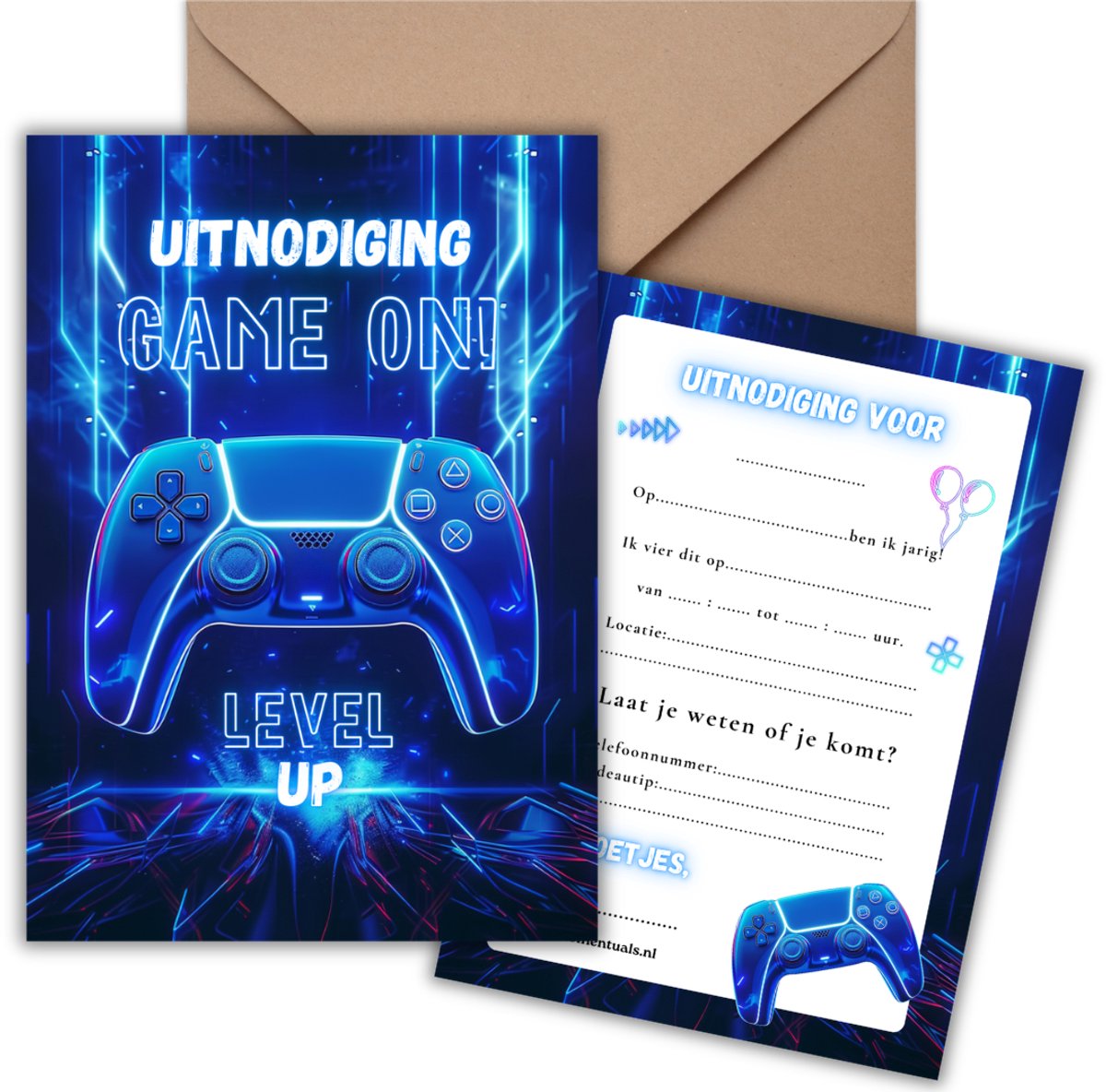 Uitnodiging Kinderfeestje 10 Kaarten + Enveloppen - Gaming Neon – Jongen & Meisje - Uitnodigingskaarten – Beschrijfbaar – Verjaardag Kind