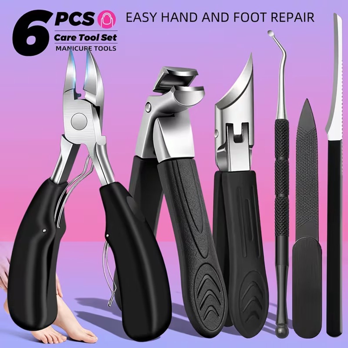 Een professionele voet- en nagelverzorgingsset – gemaakt van roestvrij staal – bevat een nagelknipper, een nagriemverwijderaar en handgereedschap voor een grondige voet- en handverzorging – in het zwart.