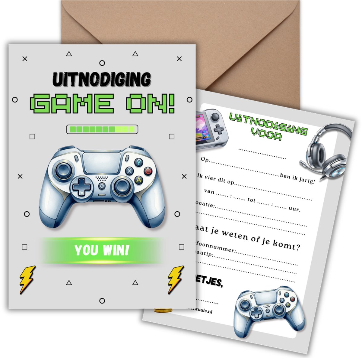 Uitnodiging Kinderfeestje 10 Kaarten + Enveloppen - Gaming Grijs – Jongen & Meisje - Uitnodigingskaarten – Beschrijfbaar – Verjaardag Kind