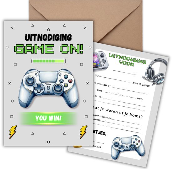 Uitnodiging Kinderfeestje 10 Kaarten + Enveloppen - Gaming Grijs – Jongen & Meisje - Uitnodigingskaarten – Beschrijfbaar – Verjaardag Kind