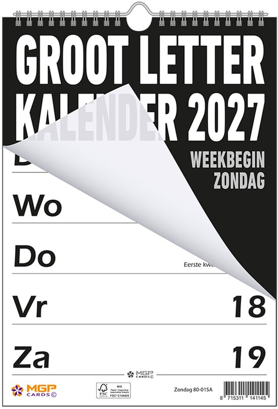 MGPcards Grootletter Kalender 2027, week begint op zondag. Grote letters op zwarte achtergrond.