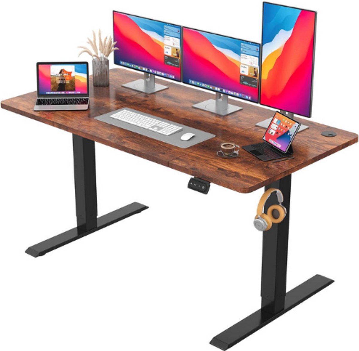Jummico Elektrisch In Hoogte Verstelbaar Bureau 140 X 60 Cm - Sta Zit Bureau Met Geheugenfunctie - Modern Design - Stevig Werkblad - Bruin
