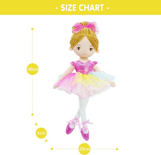 Zachte Ballerina Pop - Pluche pop Danseres pop - Cadeau geven - Geborduurd gezicht - 40 cm - Roze outfit — afbeelding 5