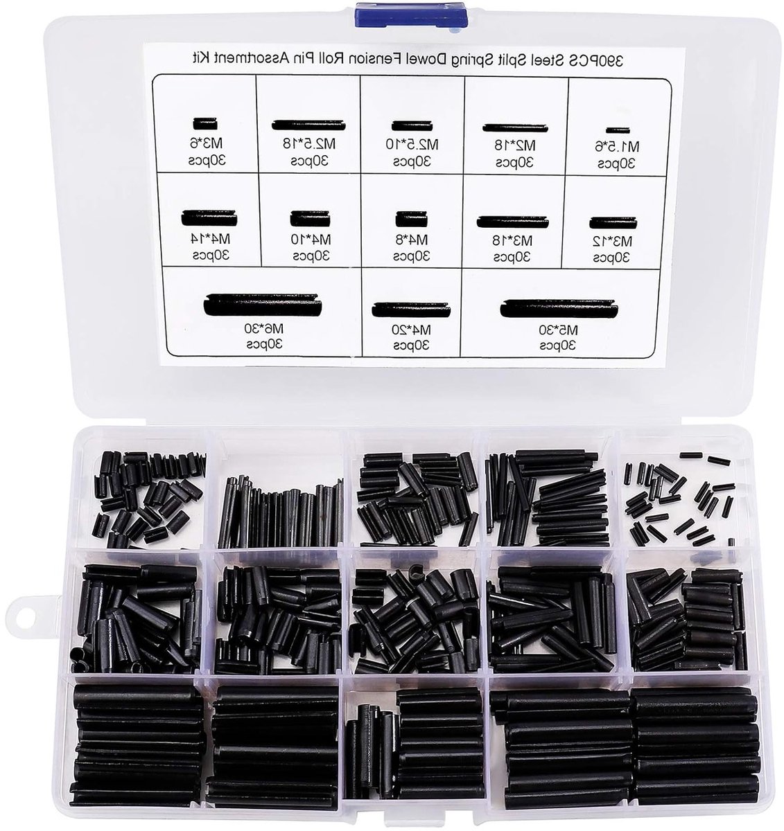 Holle Pin Set van 390 Stukken - Spanning Pins, Veerpins en Manganese Stalen Pins met Assortimentdoos - M1.5 tot M6