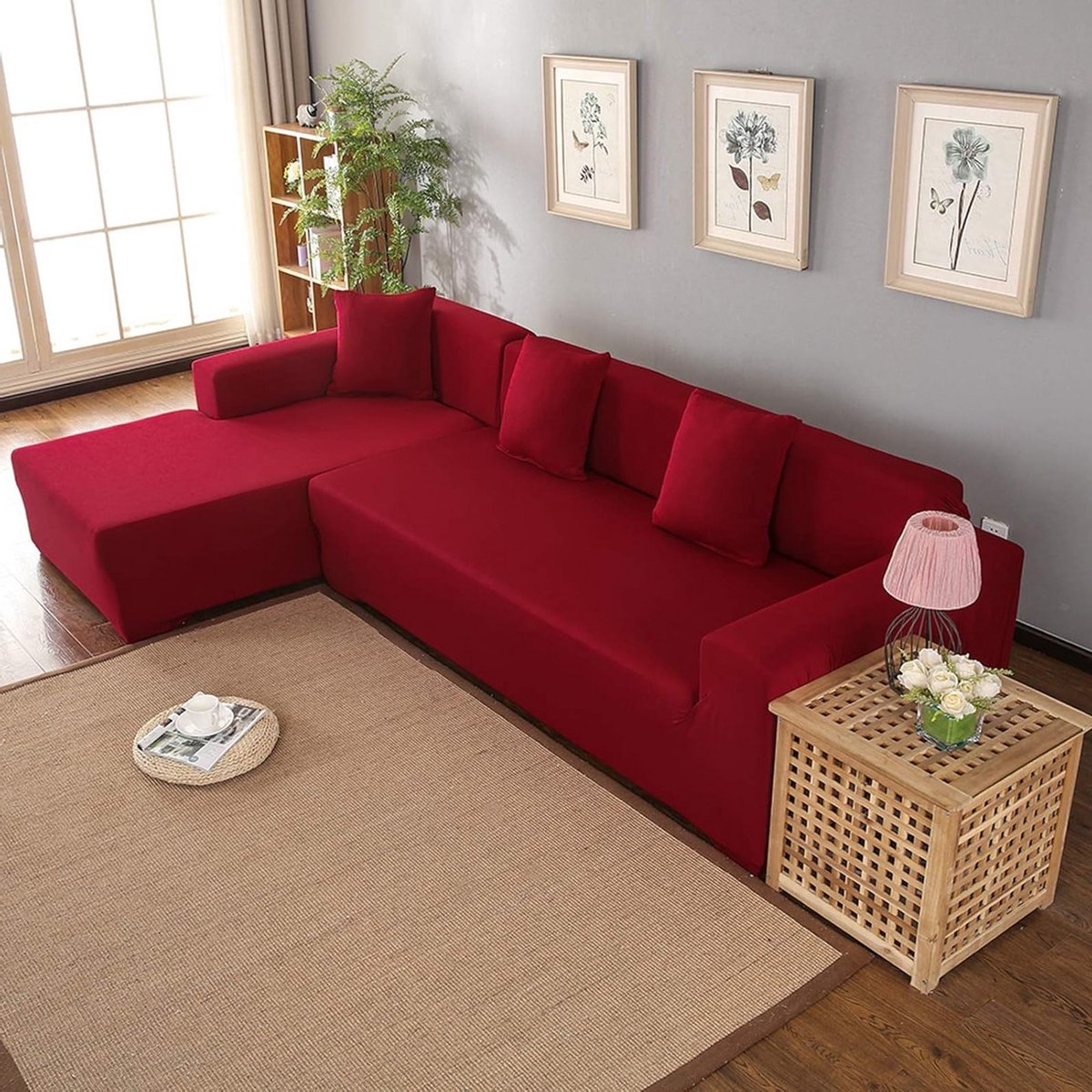 Ultra Comfortabele Hoekbankhoezen voor 3 + 2 Zits Sofas - Stretch Beschermhoezen voor Meubels in Rood-Wijnkleur