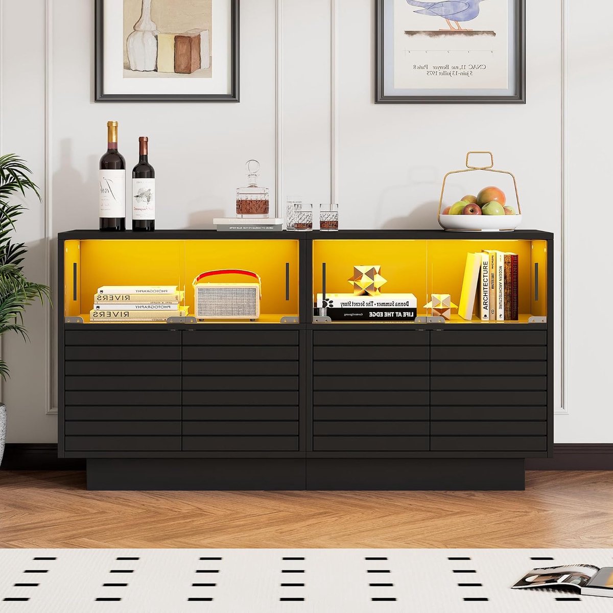 Dressoir met LED Verlichting 130 x 35 x 68 cm Sideboard Kast met Glazen Schuifdeuren en 2 Kasten Moderne Buffetkast Opbergkast voor Woonkamer Keuken en Eetkamer Zwart Urbanhome