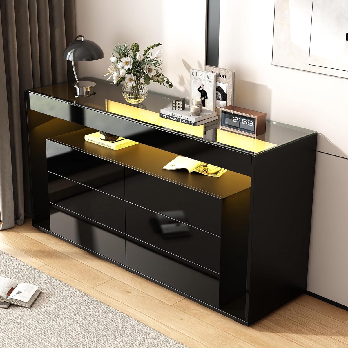 Commode met 6 Lades 140 x 40 x 72 cm Dressoir met LED Verlichting en Glazen Tafelblad Hoogglans Zwart Opbergkast met Open Vak Modern Ladekast voor Slaapkamer Woonkamer Hal Urbanhome