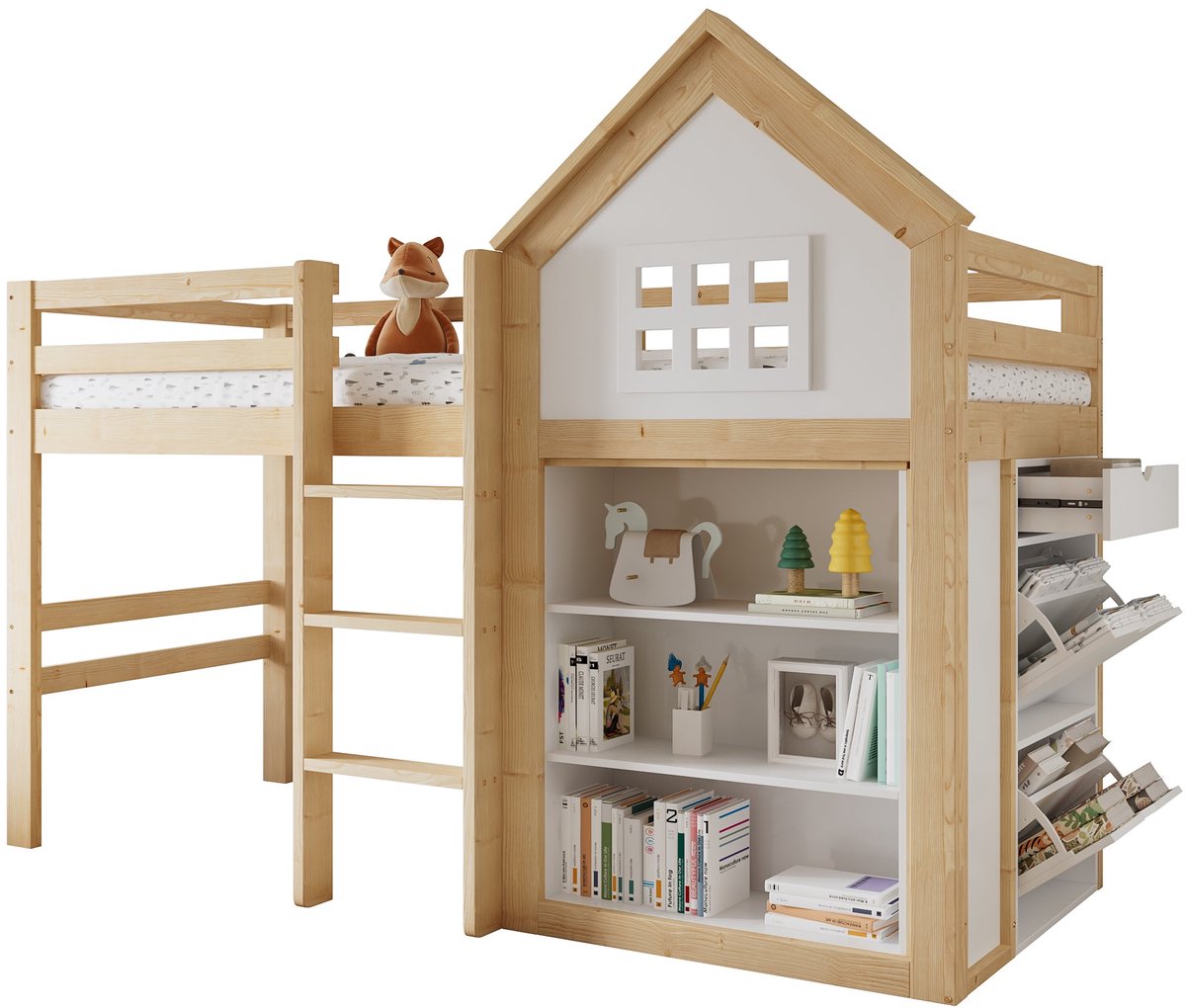Merax Hoogslaper 90x200 cm - Bed in Huisvorm - Bed met Opbergruimte - met Lades en Opbergvakken - Hout - Wit en Houtkleur