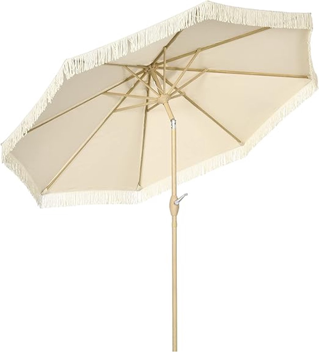 Tuin Parasol Ø265 cm Rond Kantelbaar met Zwengel – Bohemian Stijl met Franjes, UV Bescherming, Waterafstotend Polyester, Stalen Frame – Crème | Nicolehome