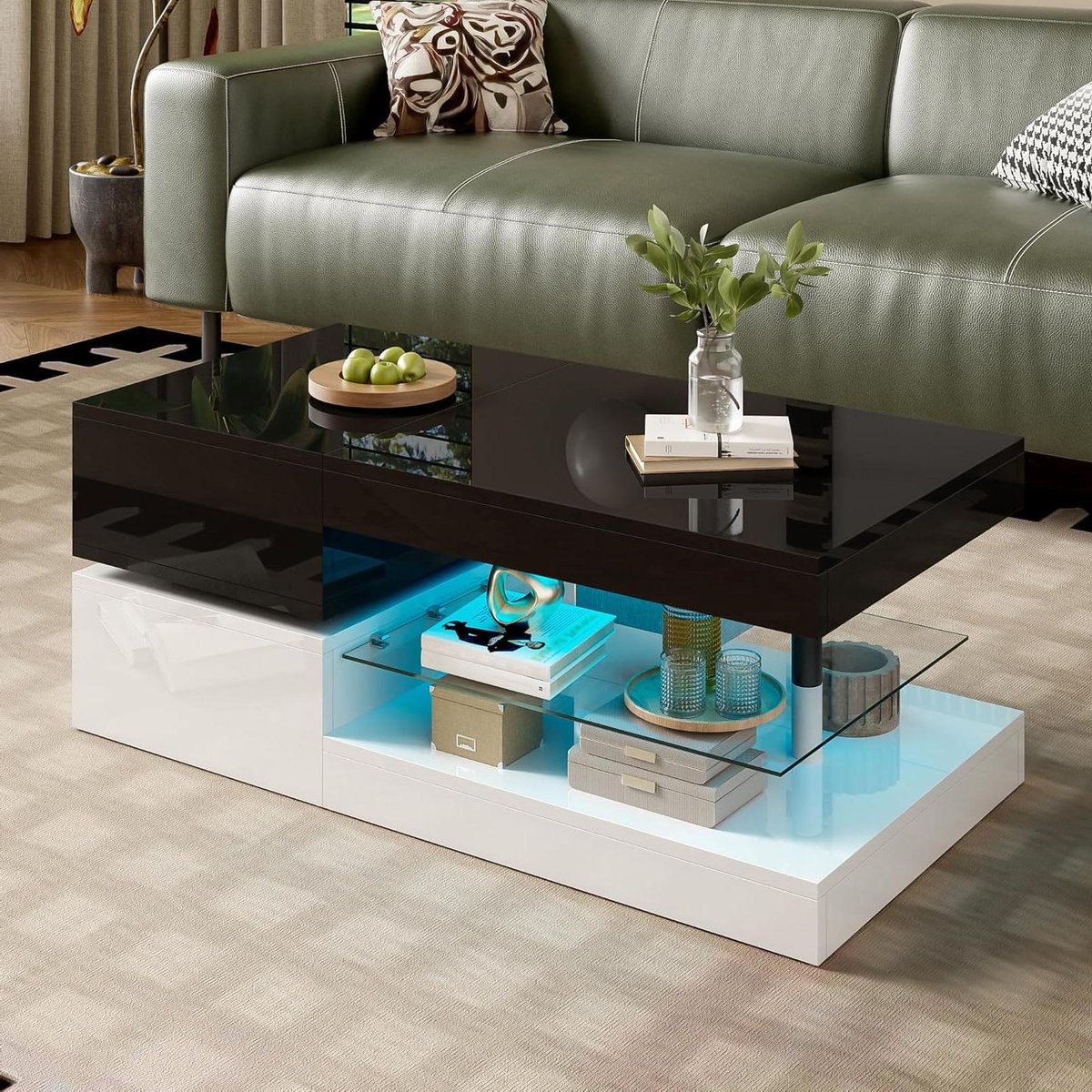 Salontafel - Koffietafel - Woonkamer Decoratie - LED Verlichting - 90 x 45 x 35.5 cm - Zwart Wit