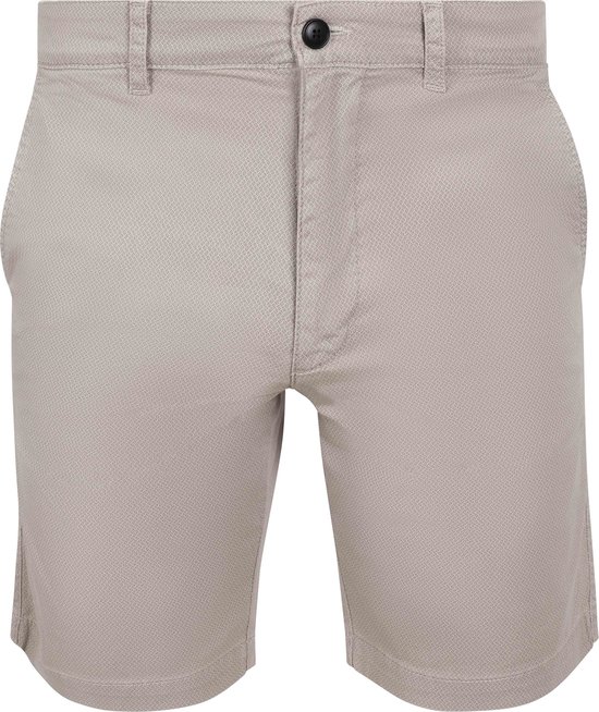 Beige chino korte broek met een subtiel ruitpatroon, close-up van de voorkant.