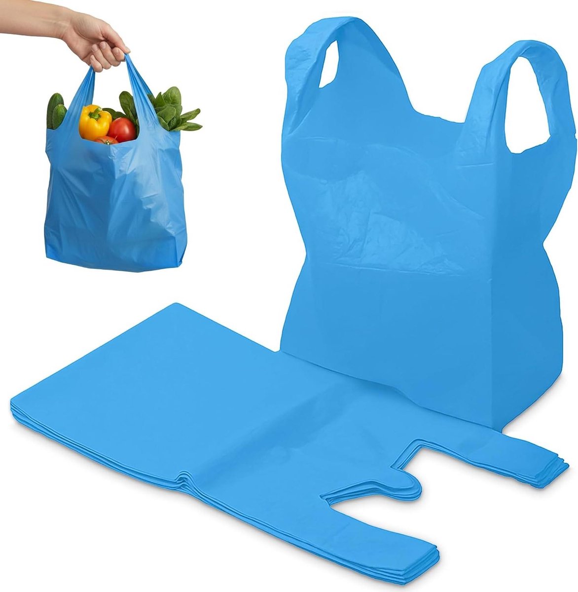 Duurzame Tassen - Met Handgrepen - Boodschappen Doen - Sterk Scheurbestendig - 200 Stuks - Blauw