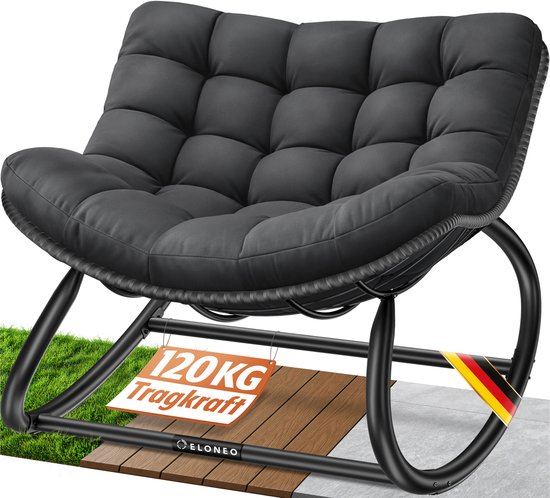 ELONEO Outdoor Schommelstoel XXL – ergonomische loungestoel met premium zitkussen, voor binnen en buiten, weerbestendig, antislip, belastbaar tot 120 kg, zwart