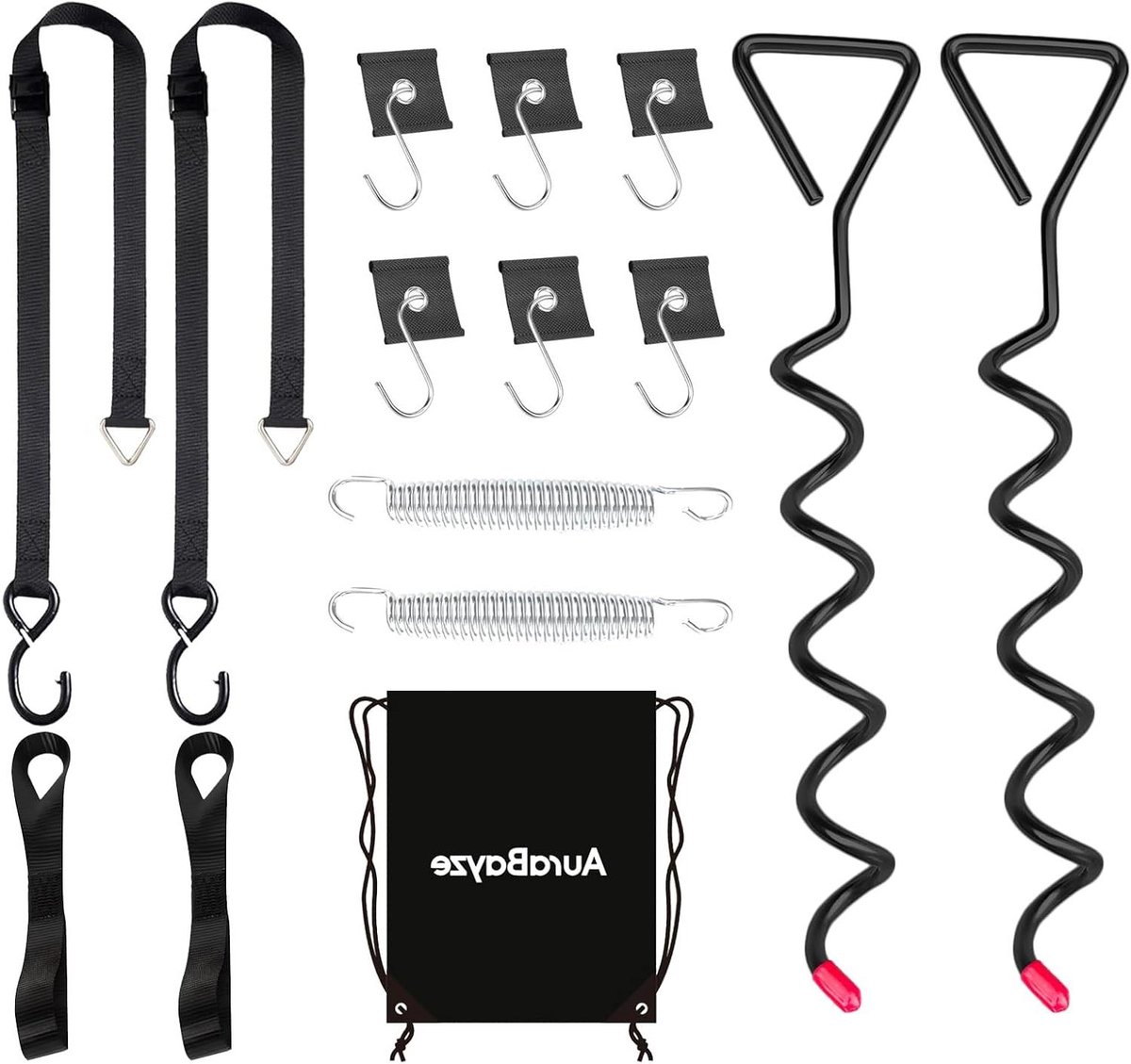 Luifel Tie Down Kit - Camper Anker - Stabiel Luifels - Schokabsorberende Veer - 40cm Stakes - Zwart