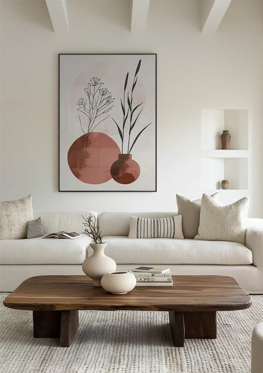 Yourwallarts.com - Wandpaneel - Canvas - Minimalistische Vazen Botanische Motieven Terracotta