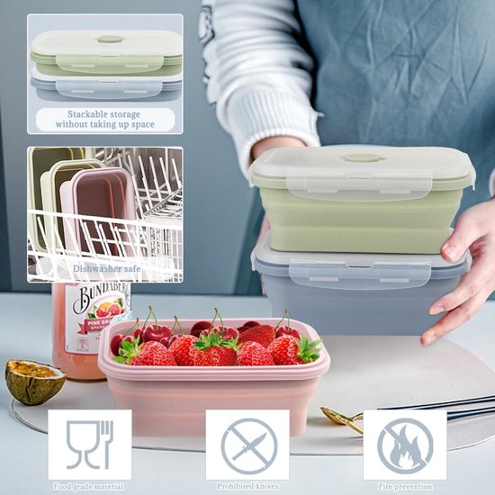 Opvouwbare rechthoek kom - 550ML - Draagbare lunchbox - Slakom - kom van siliconen - kom voor camping - Groente - Inklapbare Vershoudbakjes - voor keuken, camping, outdoor en picknick - 12*6.5cm - 3 Stuks - Groen+Grijs+Roze — afbeelding 4