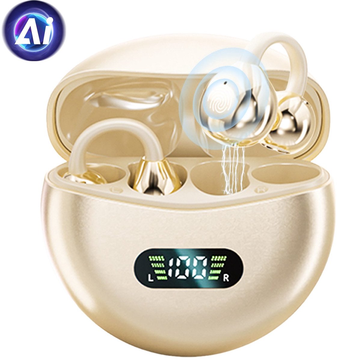 M79 - Open Ear Oortjes - Oortjes Draadloos - Sport Oordopjes - AI vertaalfunctie - 5.4 Bluetooth - Clip On - 16 uur - Spatwaterdicht - IPX5 - Oorclips - Voor sport en kantoor - Goud