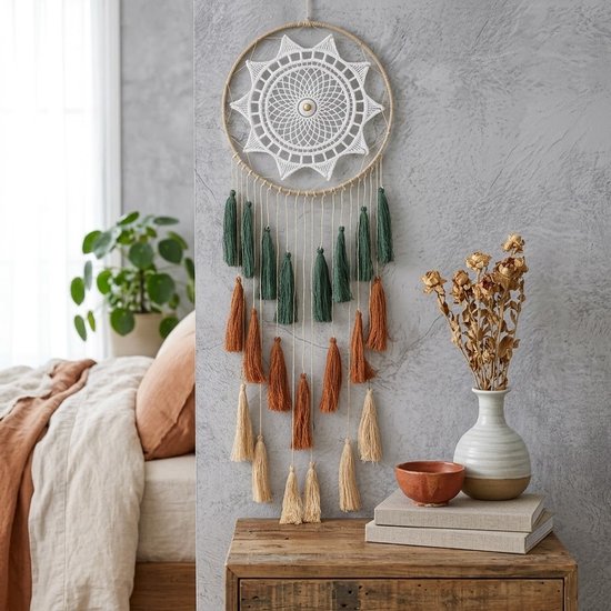 Wit groen oranje wandkleden unisex rond dromenvanger design met kwastjes en koorden boho wanddecoratie textiel en ringvormige hanger