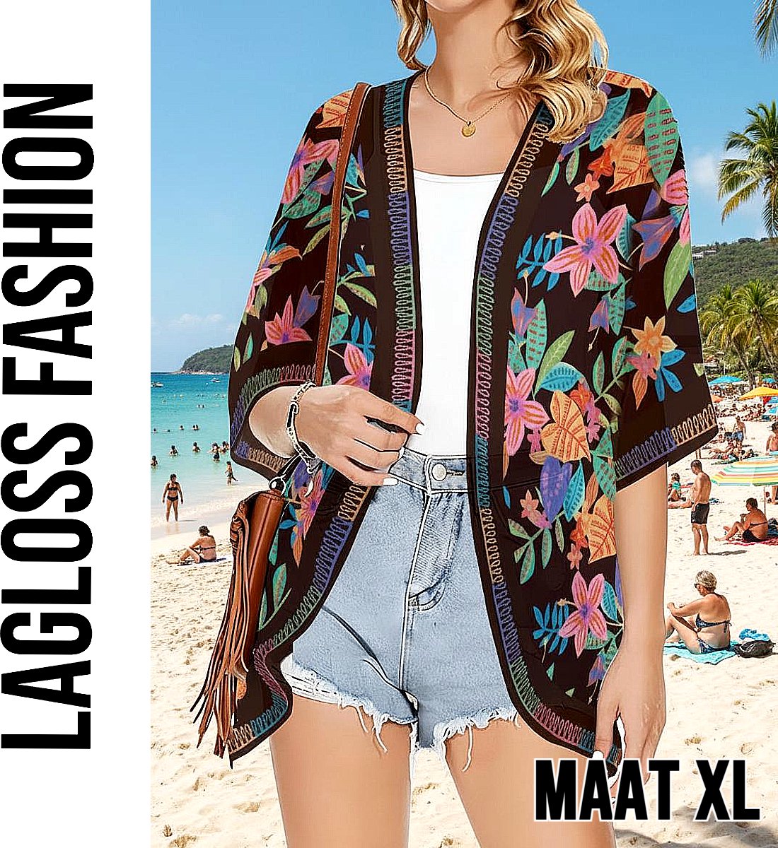 LaGloss® Luxe Bohemian Strand Kimono - Luchtige Dames Cover-Up Zwart met Tropische Bloemenprint – Strandovergooier – Zomer/Lente – Maat XL