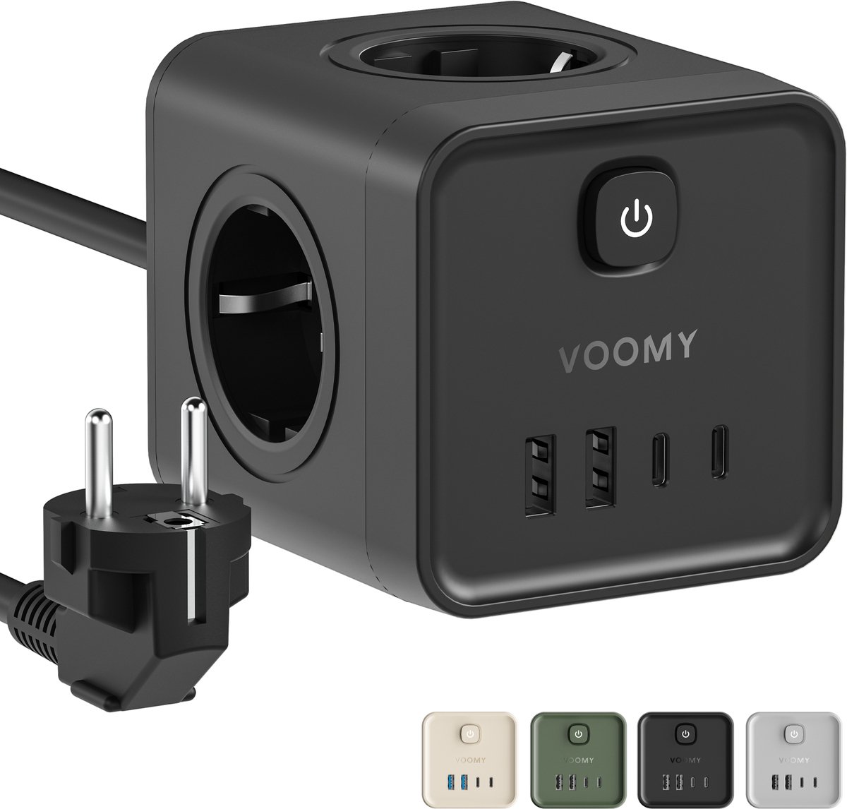 Voomy Stekkerdoos - 20W Snellader - USB-C & USB-A - 4 Stopcontacten - Aan/uit Schakelaar - 2M Verlengsnoer - Overspanningsbeveiliging - Zwart