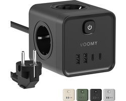 Voomy Stekkerdoos - 20W Snellader - USB-C & USB-A - 4 Stopcontacten - Aan/uit Schakelaar - 2M Verlengsnoer - Overspanningsbeveiliging - Zwart