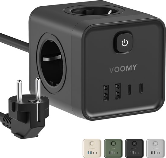 Voomy Stekkerdoos - 20W Snellader - USB-C & USB-A - 4 Stopcontacten - Aan/uit Schakelaar - 2M Verlengsnoer - Overspanningsbeveiliging - Zwart