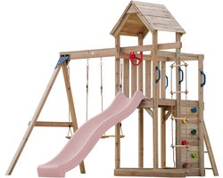AXI Moos Speeltoestel met Dubbele Schommel en Touwladder Bruin – Pastel Roze Glijbaan – Zandbak en Klimwand – Telescoop en Stuur - FSC hout - Speelhuis op palen voor de tuin