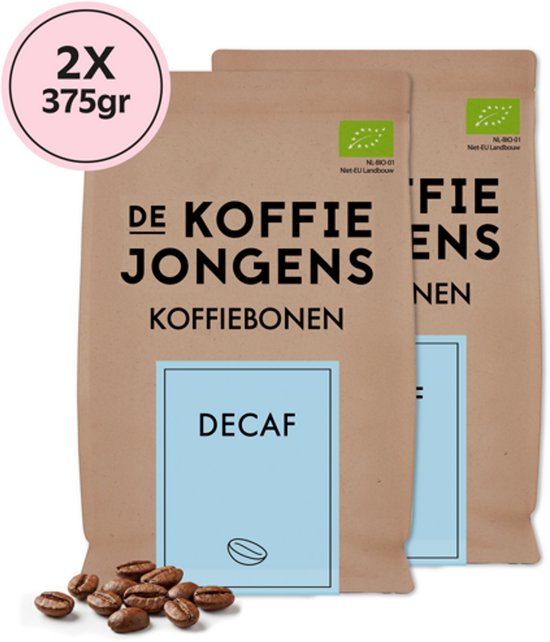 Twee bruine zakken De Koffiejongens decaf koffiebonen, elk 375 gram. Tekst '2X 375gr' en 'DE KOFFIE JONGENS KOFFIEBONEN DECAF'.