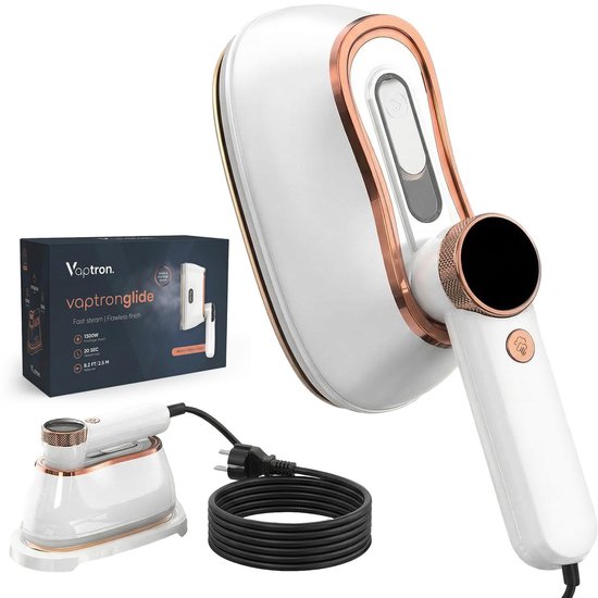 Vaptron Glide 2-in-1 stomer/strijkijzer wit met koperkleurige details, staand accessoire, snoer en verpakking.
