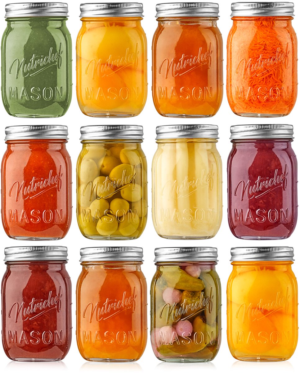 NutriChef Glazen Weckpotten – 12-delige set glazen potten met roestvrijstalen deksels – 473 ml