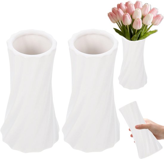 2 stuks - Vaas - Plastic vaas - Kleine plastic vaas - Bloemenvaas - Minimalistische bloempot - Moderne designvaas - Onbreekbare vaas - Geschikt voor slaapkamer of kantoor - Wit - Geschikt voor huisdecoratie en tafeldekking