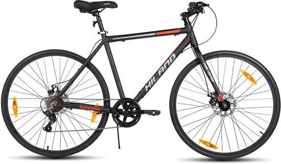 Zwarte HILAND racefiets met rode accenten, 7 versnellingen en schijfremmen.