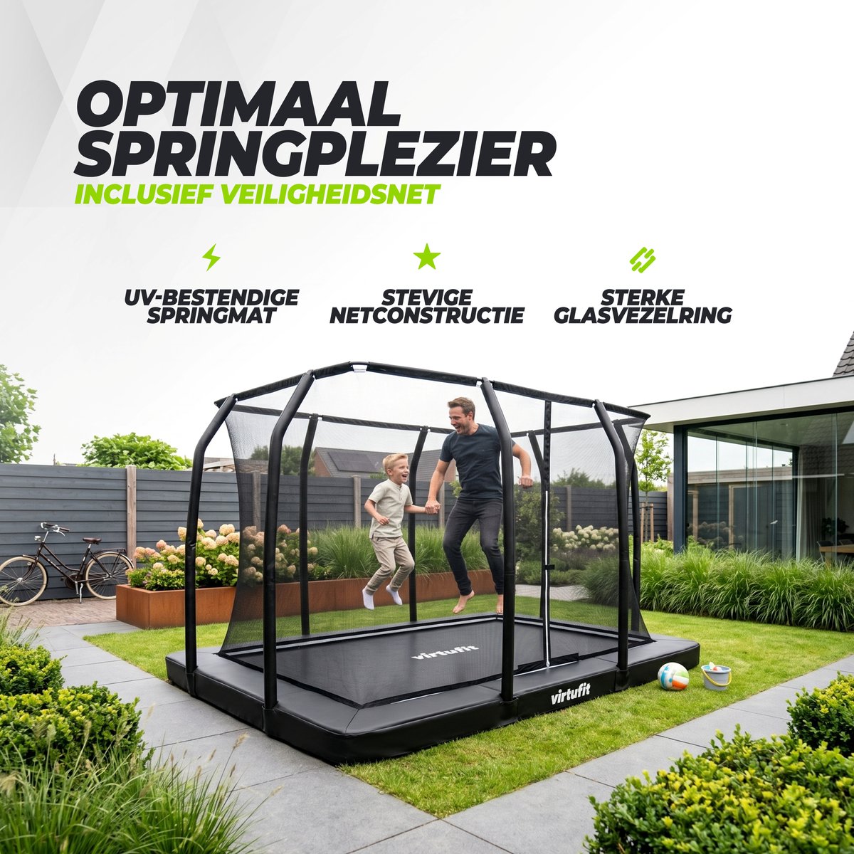 VirtuFit Inground / Inbouw Trampoline met Veiligheidsnet - 244 x 366 cm - Incl. Beschermrand - Extra Veilig - Water- en UV-bestendig - Max. 150 kg - Voor Kinderen en Volwassenen - Zwart — afbeelding 2