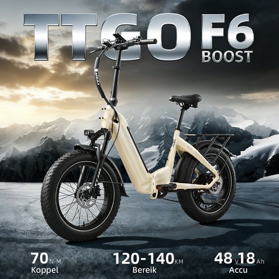 TTGO F6 Bost Opvouwbare Elektrische Fiets - 864Wh Lithium Accu - Actieradius tot 140 km - Hydraulische Schijfremmen - 20×4.0 inch Fatbike Banden–Aluminium Frame –Verende Voorvork met Lock-out –Shimano 7 Versnellingen –Elektrische Stadsfiets– Parelwit van TTGO — afbeelding 5