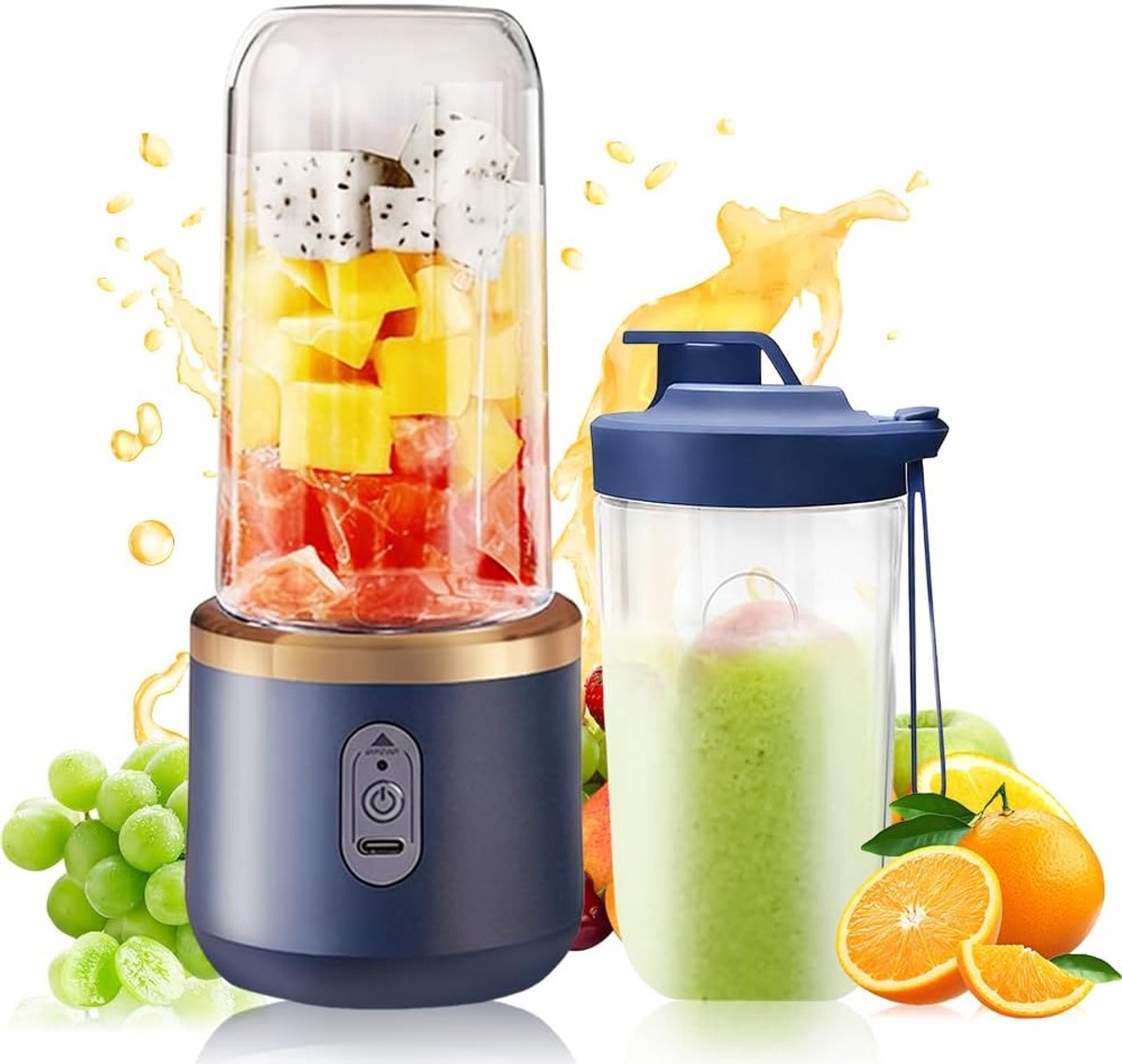 Draagbare blender - 400 ml - met reservebeker - USB oplaadbaar - kleine draagbare blender - 6 modellen beschikbaar - mini blender - geschikt voor het maken van smoothies, sappen en sorbets (blauw).