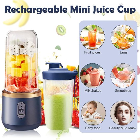 Draagbare blender - 400 ml - met reservebeker - USB oplaadbaar - kleine draagbare blender - 6 modellen beschikbaar - mini blender - geschikt voor het maken van smoothies, sappen en sorbets (blauw). van Andyou — afbeelding 4