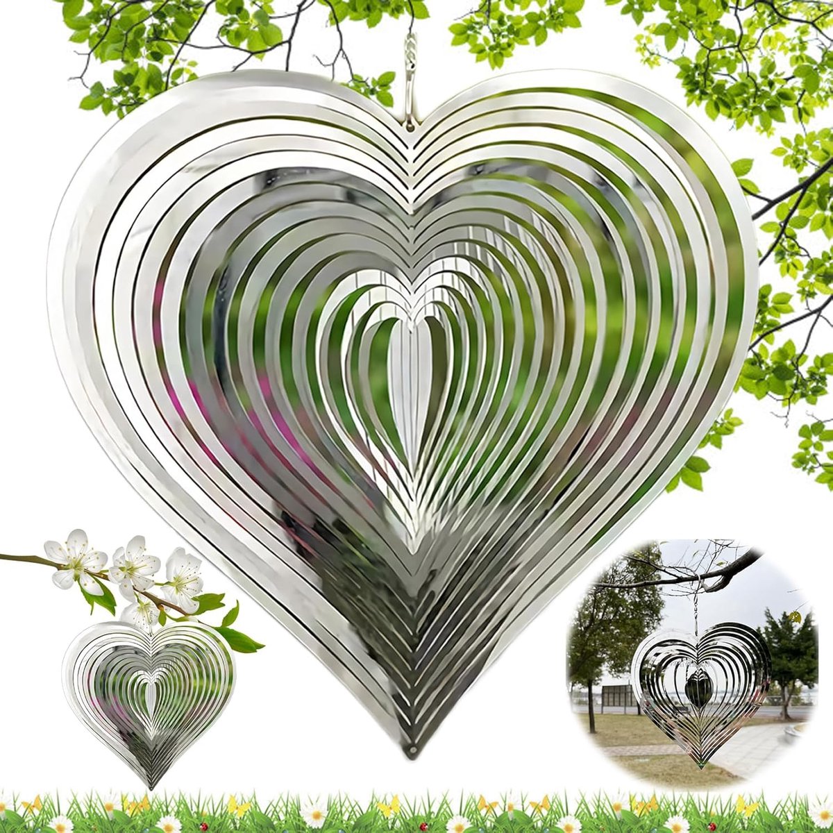 Hart Windspel - 3D Draaiende windvanger - Spinner - Hanger zonnevanger - Windgong - Spiegel - Decoratie voor buiten - Achtertuin - Tuin decoratie - Vogelafschrikking - Voor buiten woonkamer,raam gang,terras en tuin - 15*15cm - Zilver