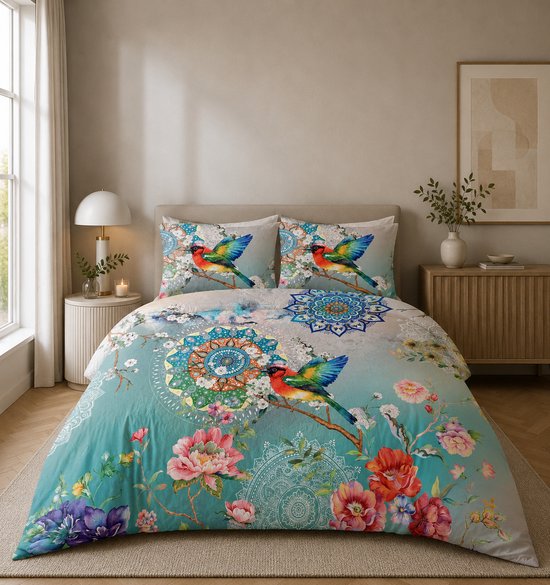 Opengeslagen dekbedovertrek en kussens op een bed, met een vogel op een tak, bloemen en mandala's in turquoise, roze en groen.