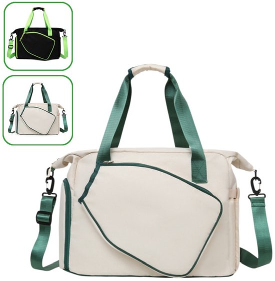Crème sporttas met groene accenten, riemen en ritsen. Kleinere afbeeldingen tonen de tas in zwart en crème.