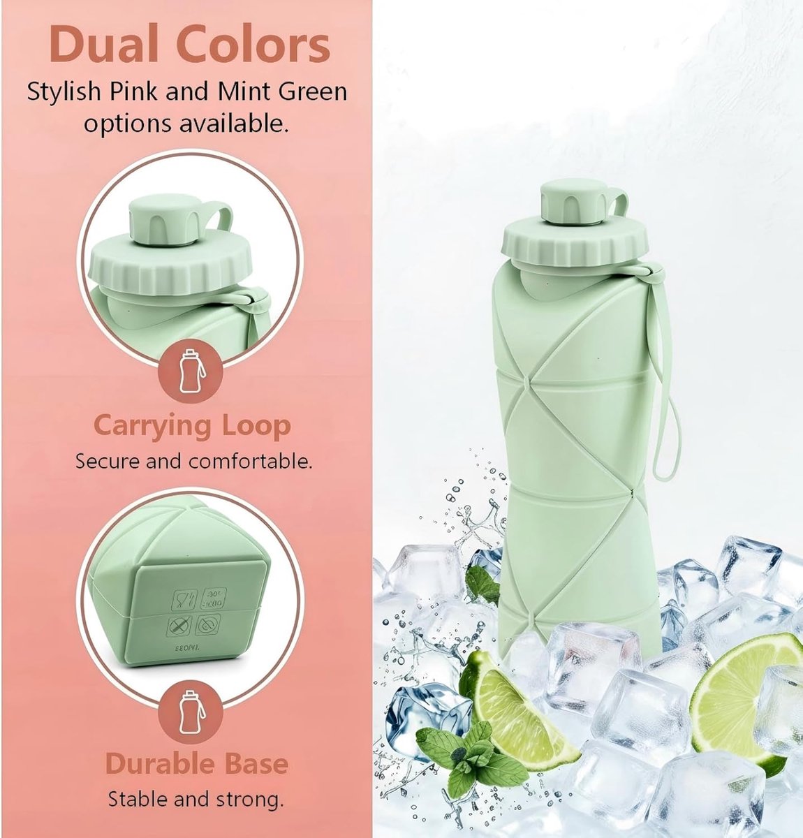 Opvouwbare waterfles - 600 ml siliconen - Zonder BPA - Lekvrij ontwerp - Draagbare travel fles - Lichtgewicht slanke - Met karabijnhaak - Voor wandelen en gym - Groen — cadeau in Sport & Outdoor - foto 8